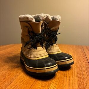 Sorel Caribou Kids Youth Winter Snow Boots Size 3 Tan Black Waterproof Leather